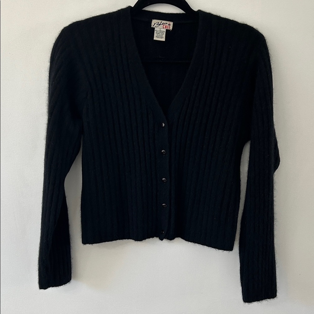 Vintage Bleu Cafe Angora Sweater Large Black Ribbed Knit Lambswool Cardigan